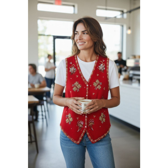 CLAUDIA D VINTAGE 1997 VEST CHRISTMAS SIZE SMALL WITH RITHSTONES - Picture 1 of 6